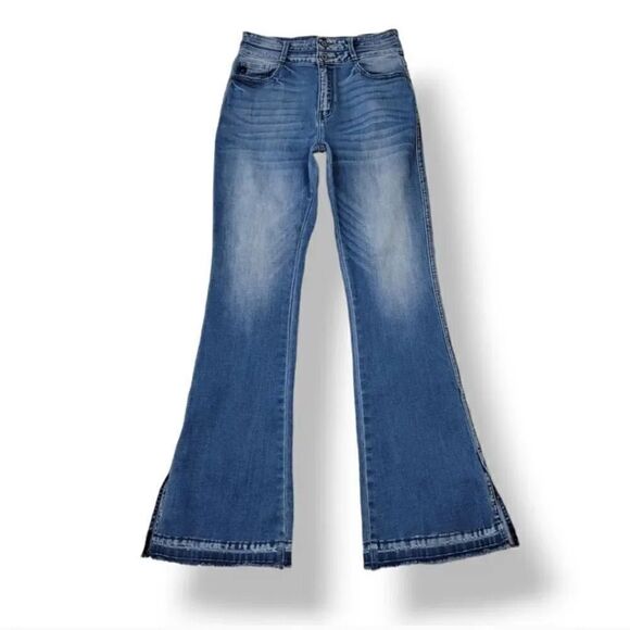 Kancan Curvy Split Released Hem Flare Distressed Denim Size 9/28 - Picture 2 of 11